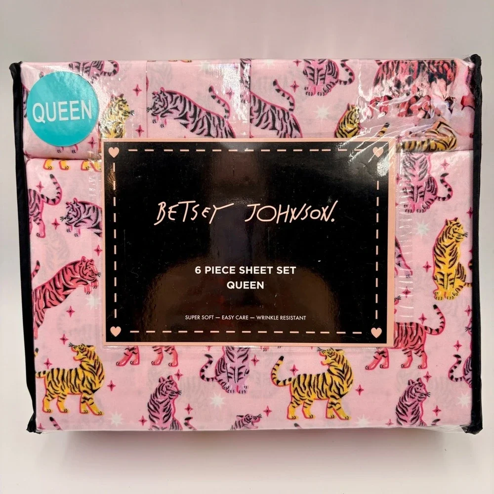 Betsey Johnson Queen Sheet Set 6 Piece Pop Tiger Pink Animal Print New